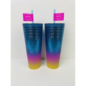 2 Starbucks 2023 Pride Rainbow 24oz Venti Tim Singleton Grid Design Cups LOT NWT